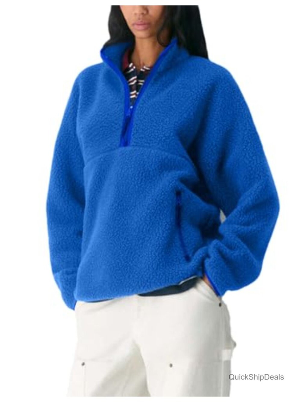 Women's Quarter Zip Fleece Pullover Fuzzy Sherpa Jacket Stand Collar Pockets